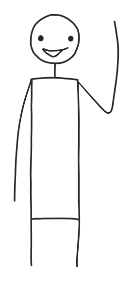A friendly hand-drawn stick figure waving hello